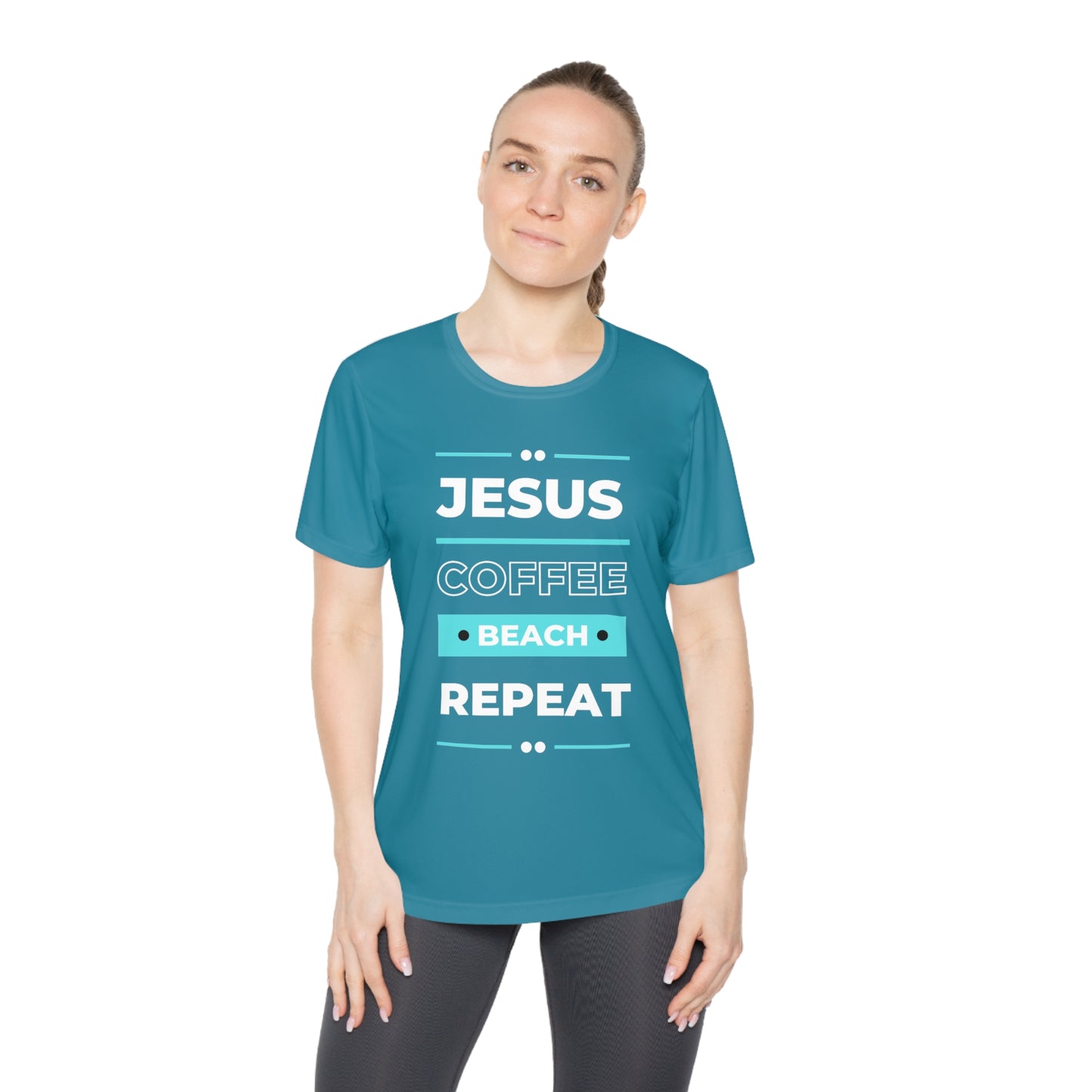 DEVOTED Jesus Coffee Beach Repeat - Ladies Dri-fit Moisture Wicking Tee