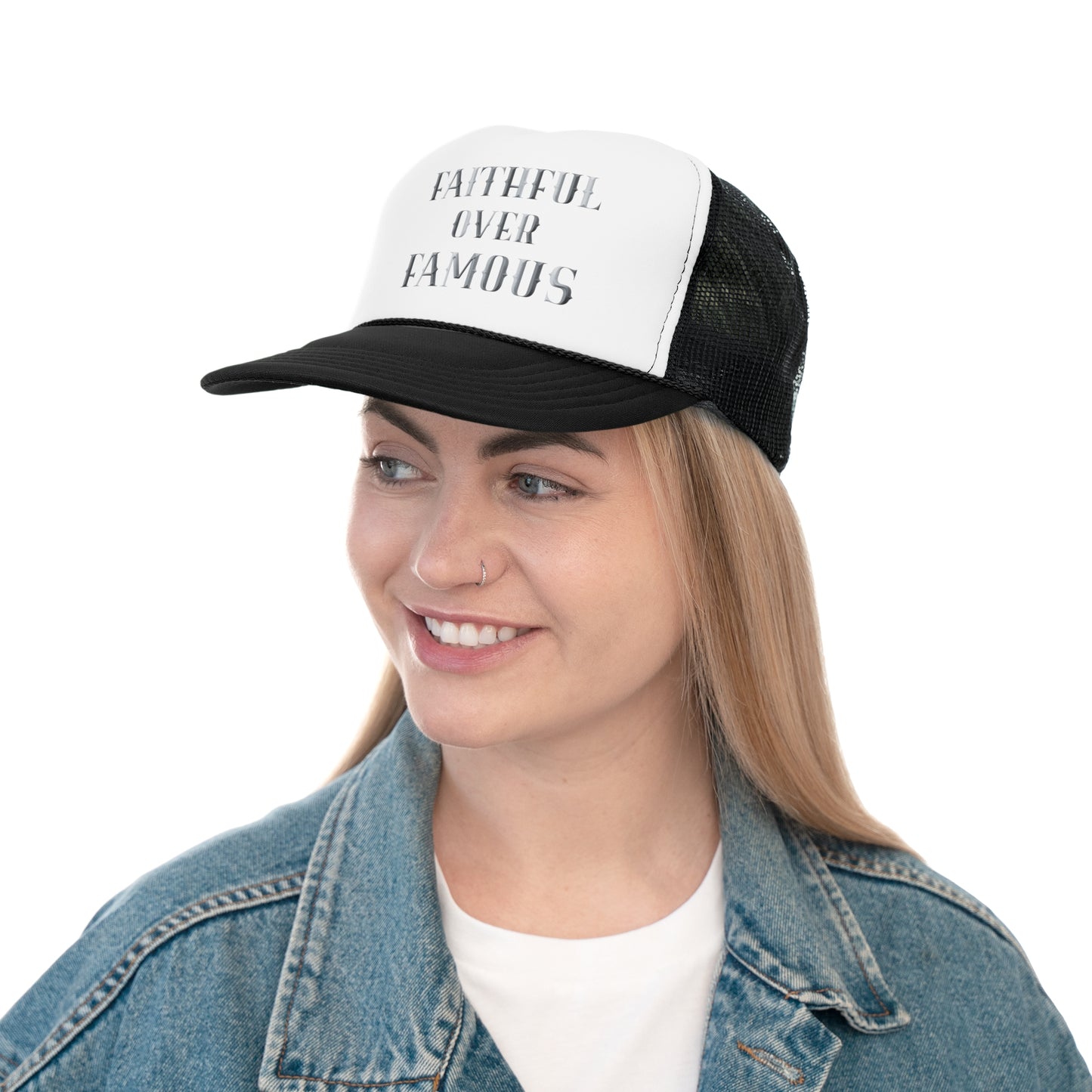 Faithful Over Famous Trucker Cap - Inspirational Black and White Hat for Faith-Focused Individuals