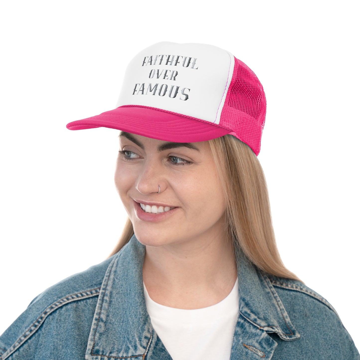 Faithful Over Famous Trucker Cap - Inspirational Black and White Hat for Faith-Focused Individuals