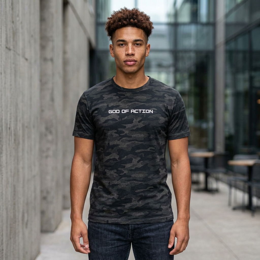 'In Idaho As It Is In Heaven' God of Action - Black Camo T‑Shirt