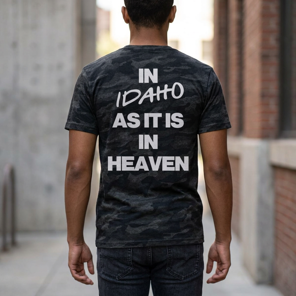 'In Idaho As It Is In Heaven' God of Action - Black Camo T‑Shirt