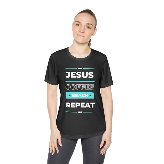 DEVOTED Jesus Coffee Beach Repeat - Ladies Dri-fit Moisture Wicking Tee